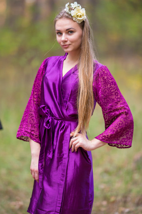 Aubergine Luxurious Silk Robe with Silk Chiffon Devore Sleeves