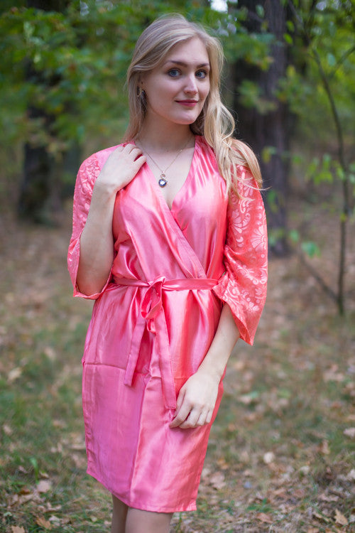 Watermelon Pink Luxurious Silk Robe with Silk Chiffon Devore Sleeves