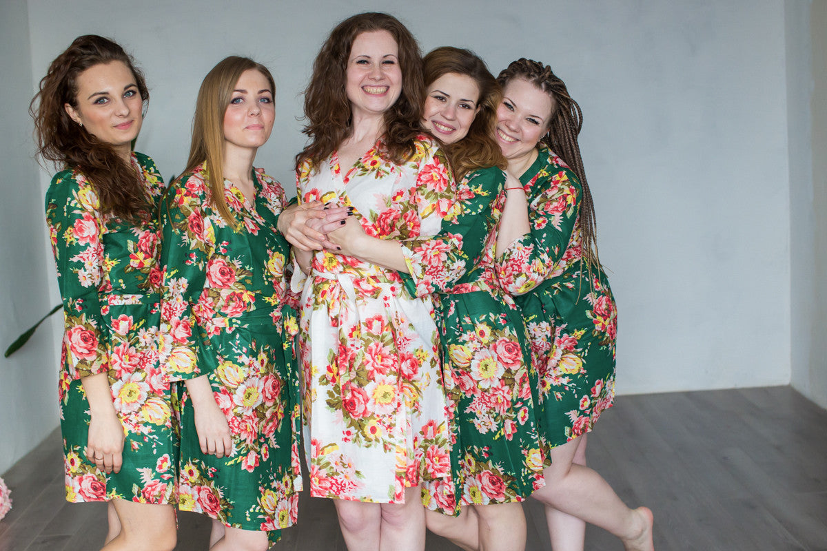 Dark Green Rosy Red Posy Robes for bridesmaids