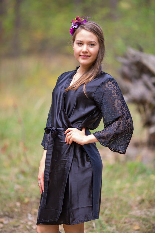 Black Luxurious Silk Robe with Silk Chiffon Devore Sleeves