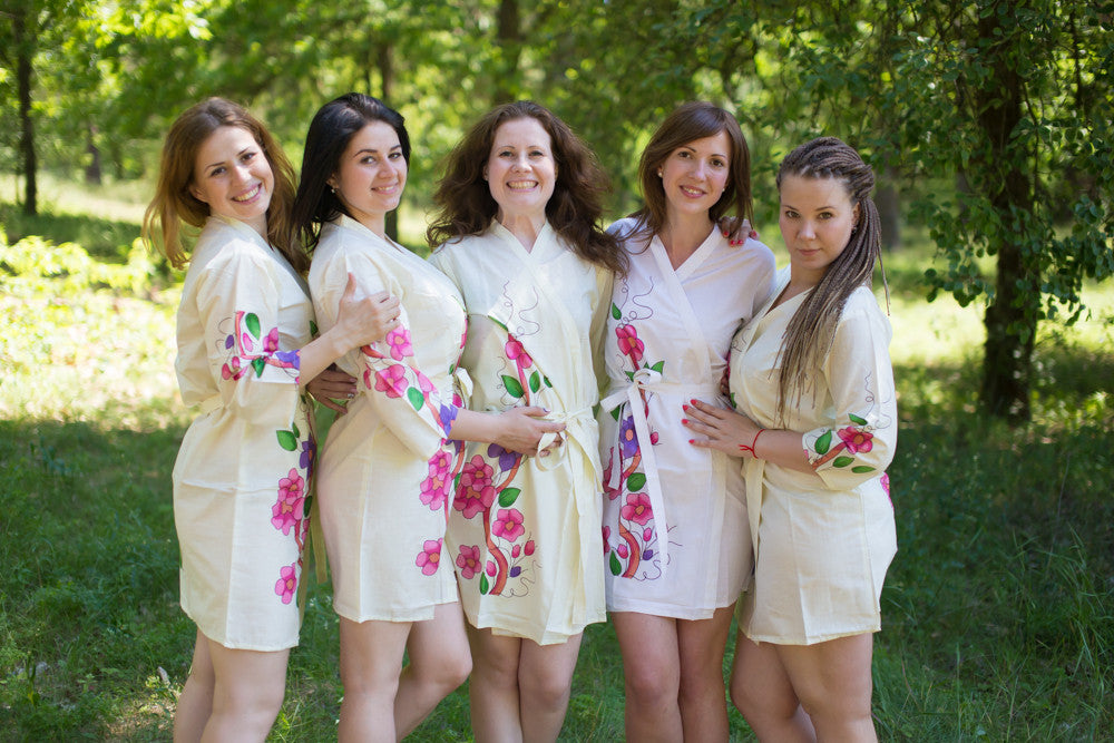Light Yellow Swirly Floral Vine Robes for bridesmaids
