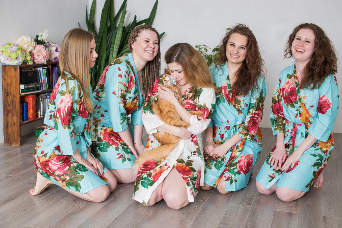 Light Blue Large Floral Blossom Robes for bridesmaids | Getting Ready Bridal Robes