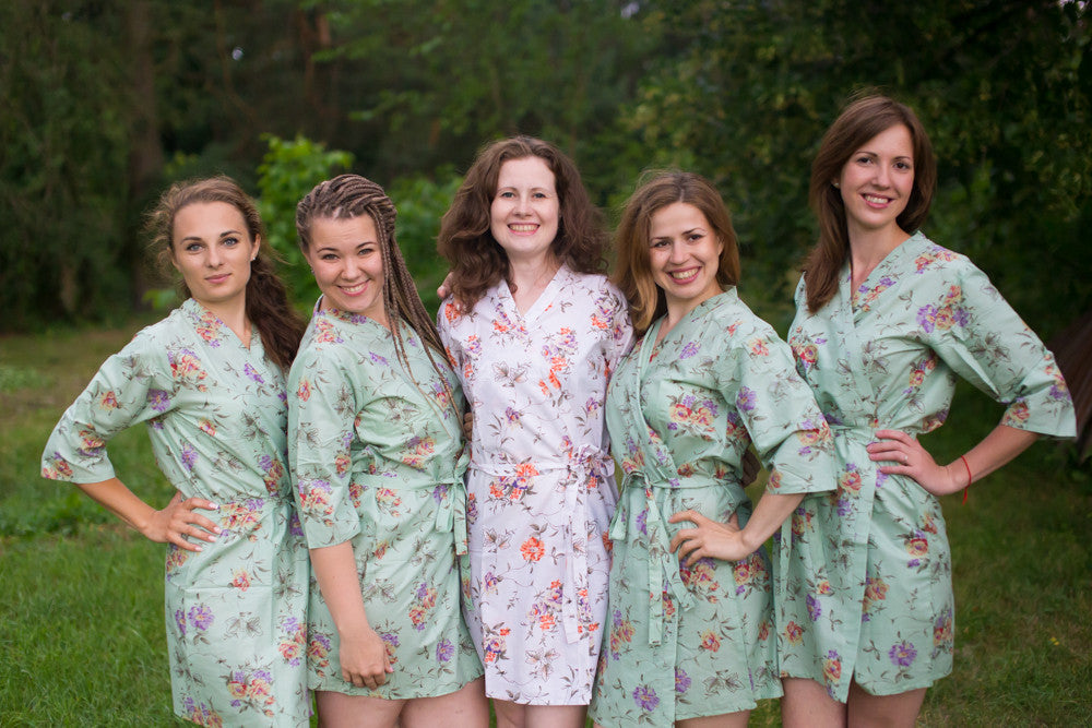 Grayed Jade Romantic Floral pattered Robes for bridesmaids | Getting Ready Bridal Robes