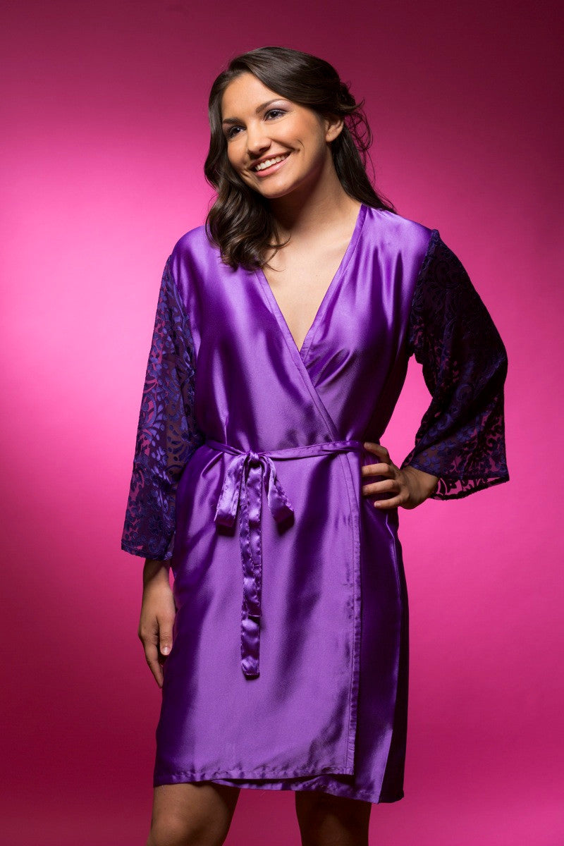 Purple Luxurious Silk Robe with Silk Chiffon Devore Sleeves