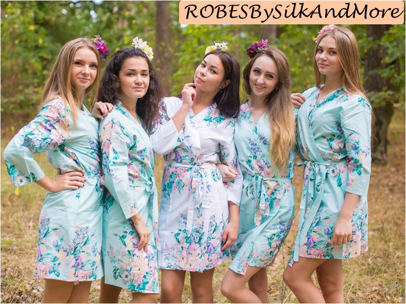 Light Blue Blooming Flowers pattered Robes for bridesmaids | Getting Ready Bridal Robes