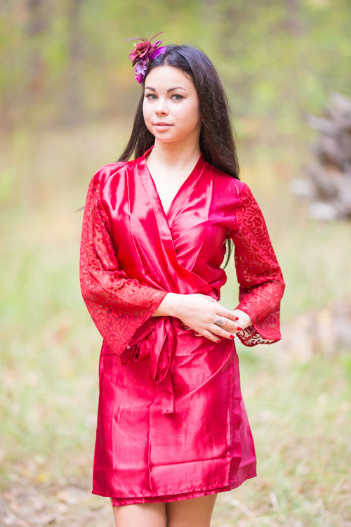 Maroon Luxurious Silk Robe with Silk Chiffon Devore Sleeves