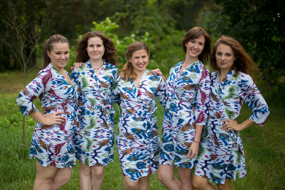 White Blue Ikat Aztec Robes for bridesmaids | Getting Ready Bridal Robes