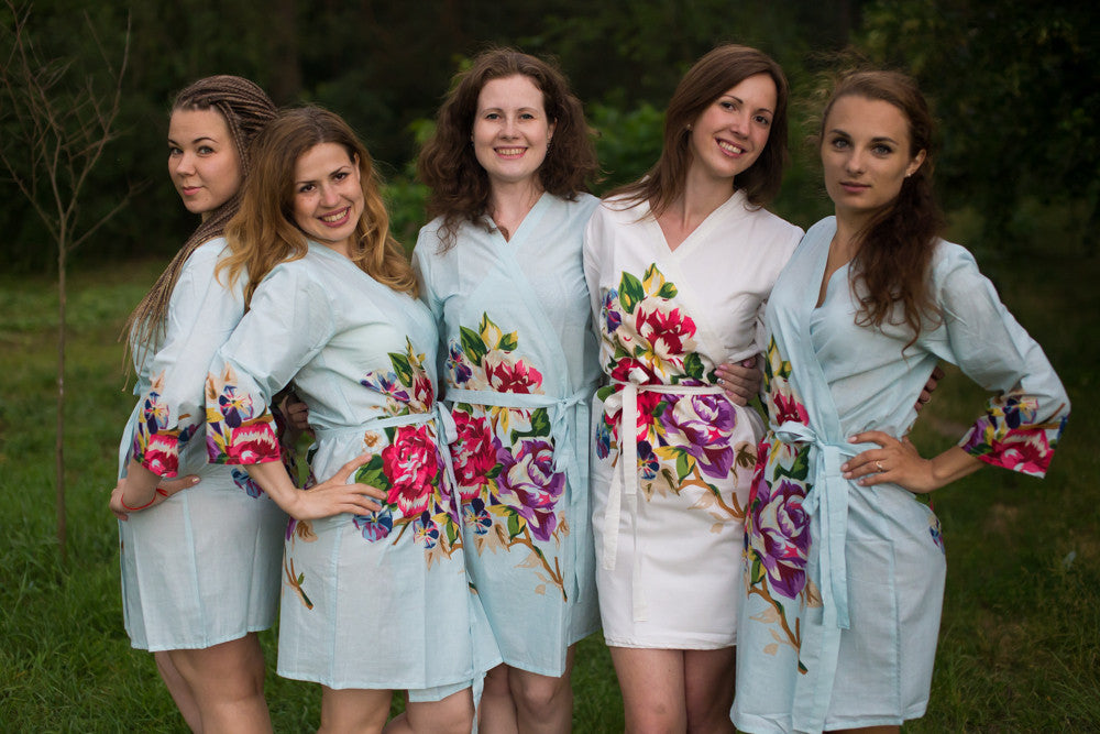 Light Blue One long flower pattered Robes for bridesmaids | Getting Ready Bridal Robes