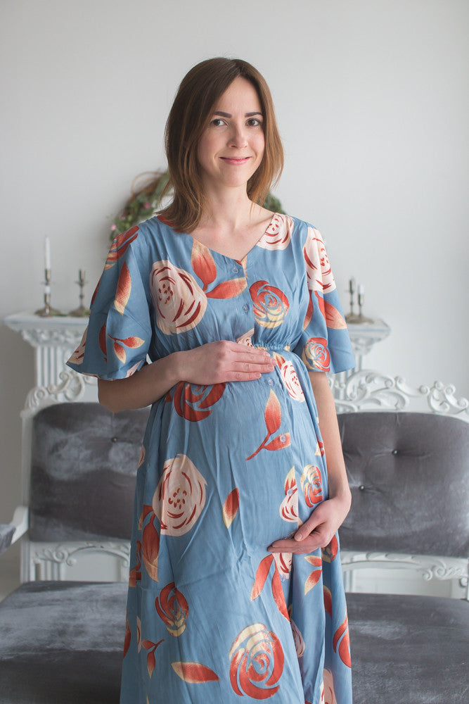 Mommies in Dusty Blue Maternity Caftans 