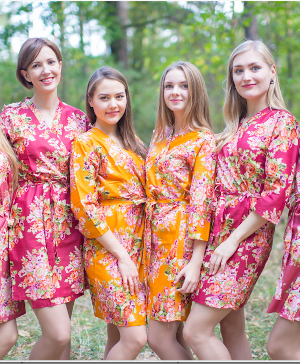 Mustard Gold Floral Posy Robes for bridesmaids | Getting Ready Bridal Robes