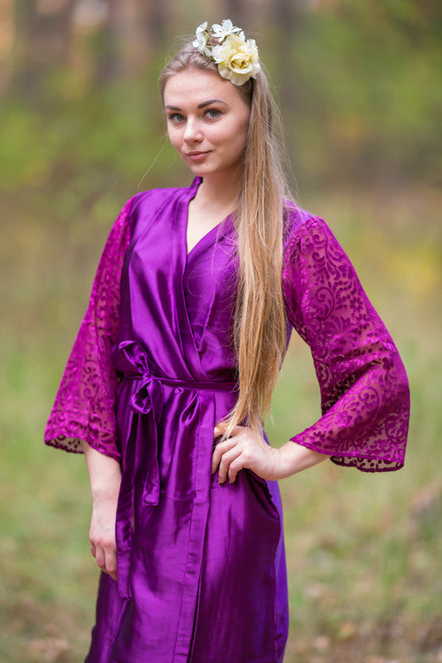 Aubergine Luxurious Silk Robe with Silk Chiffon Devore Sleeves
