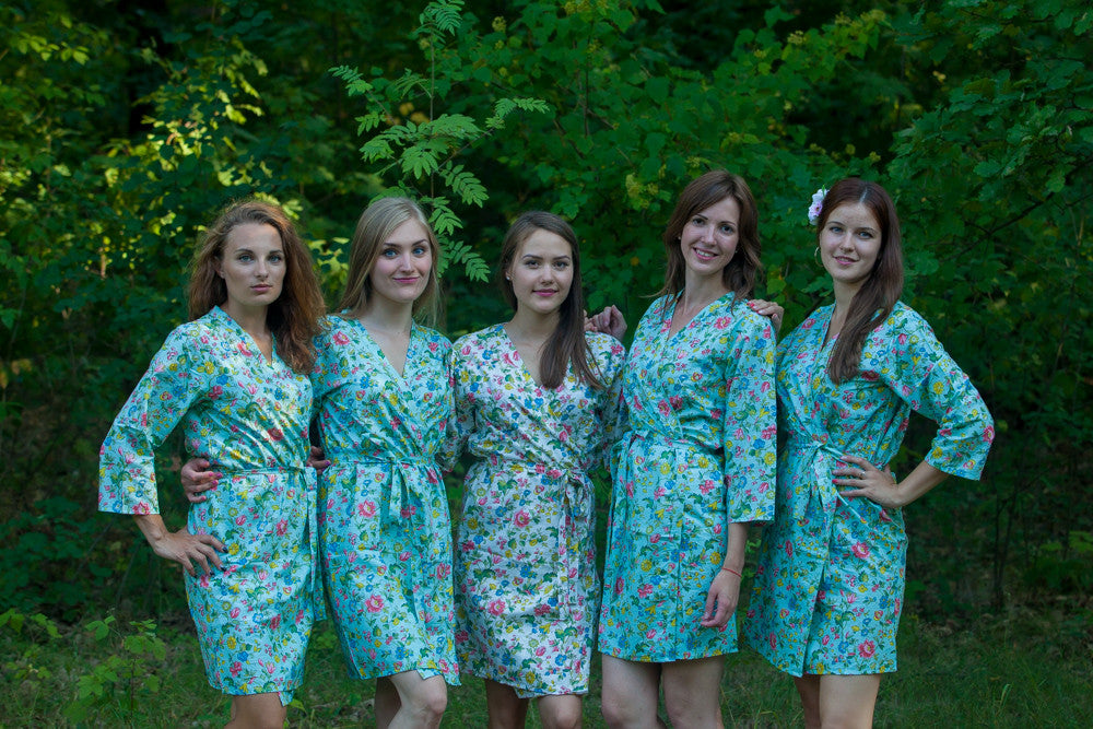 Light blue bridesmaids wedding robes in floral pattern robesbysilkandmore
