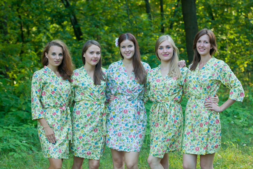 Light Yellow Happy Flowers pattered Robes for bridesmaids | Getting Ready Bridal Robes