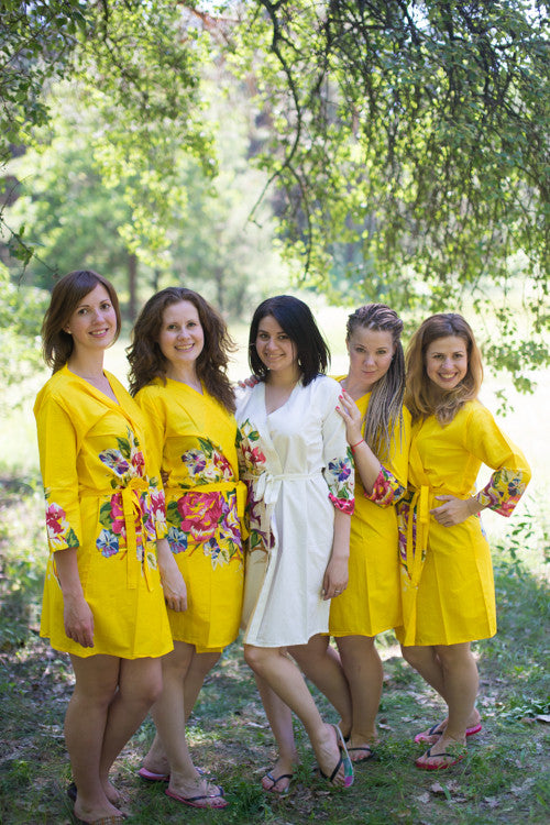 Yellow One long flower pattered Robes for bridesmaids | Getting Ready Bridal Robes