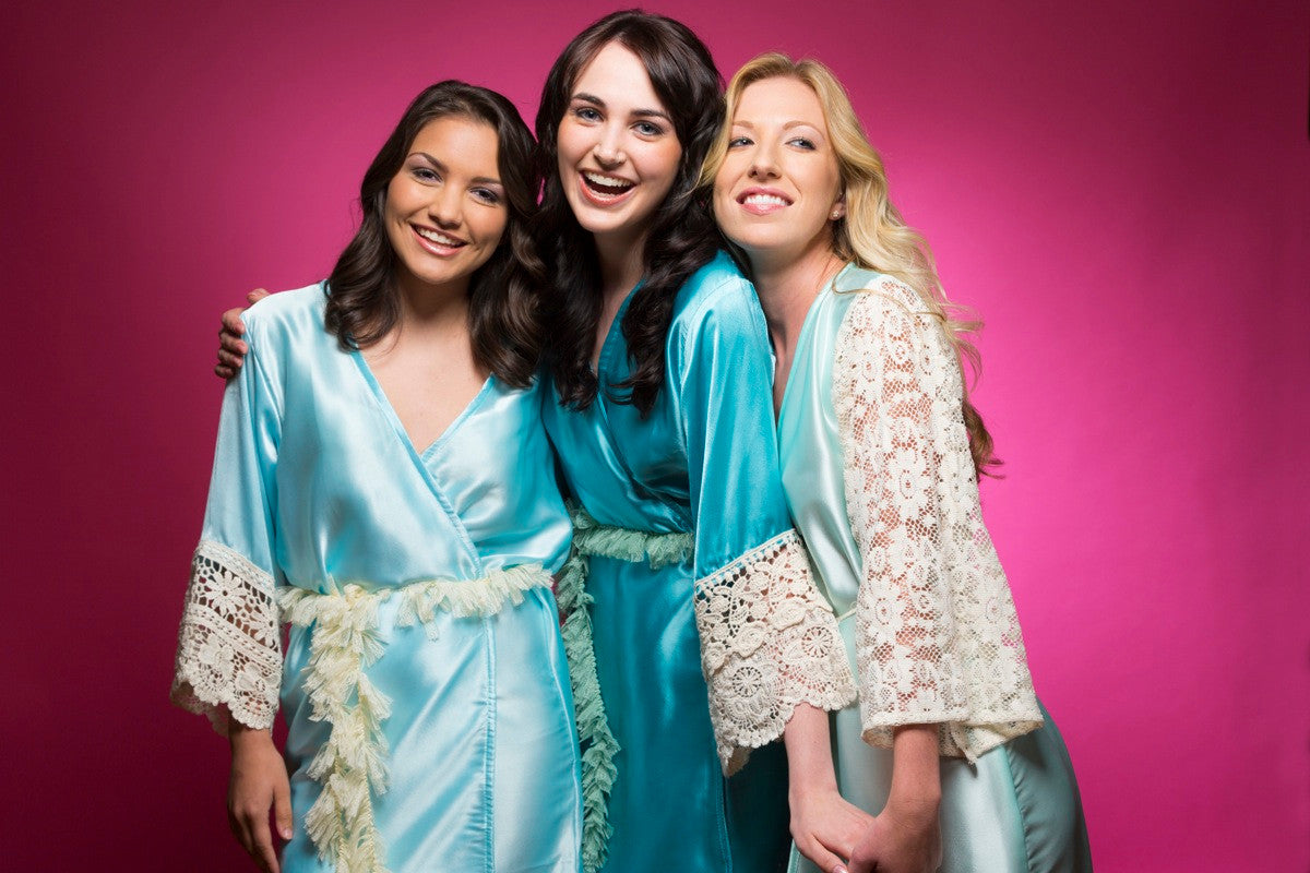 Mint, Teal and Light Blue Luxurious Silk Lace Robes