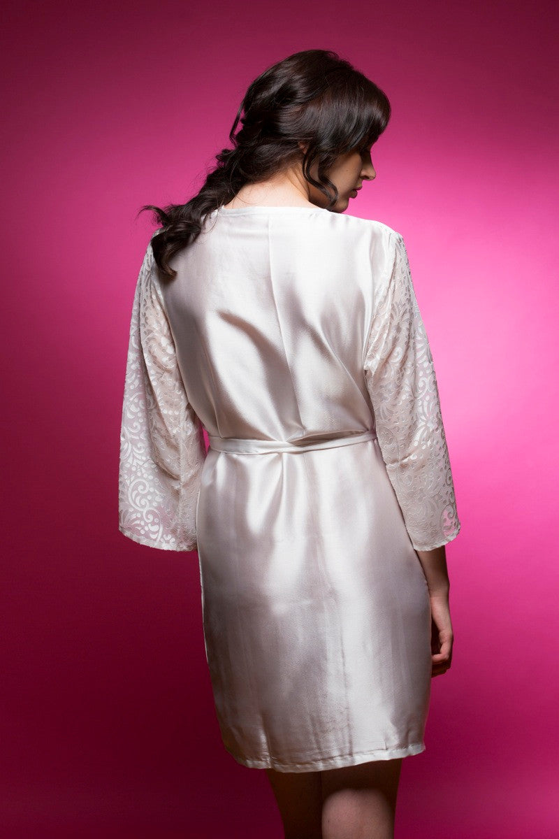 White Luxurious Silk Bridal Robe with Silk Chiffon Devore Sleeves