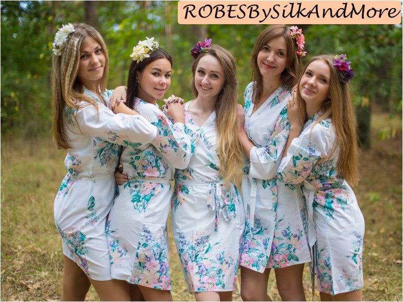 White Blooming Flowers pattered Robes for bridesmaids | Getting Ready Bridal Robes