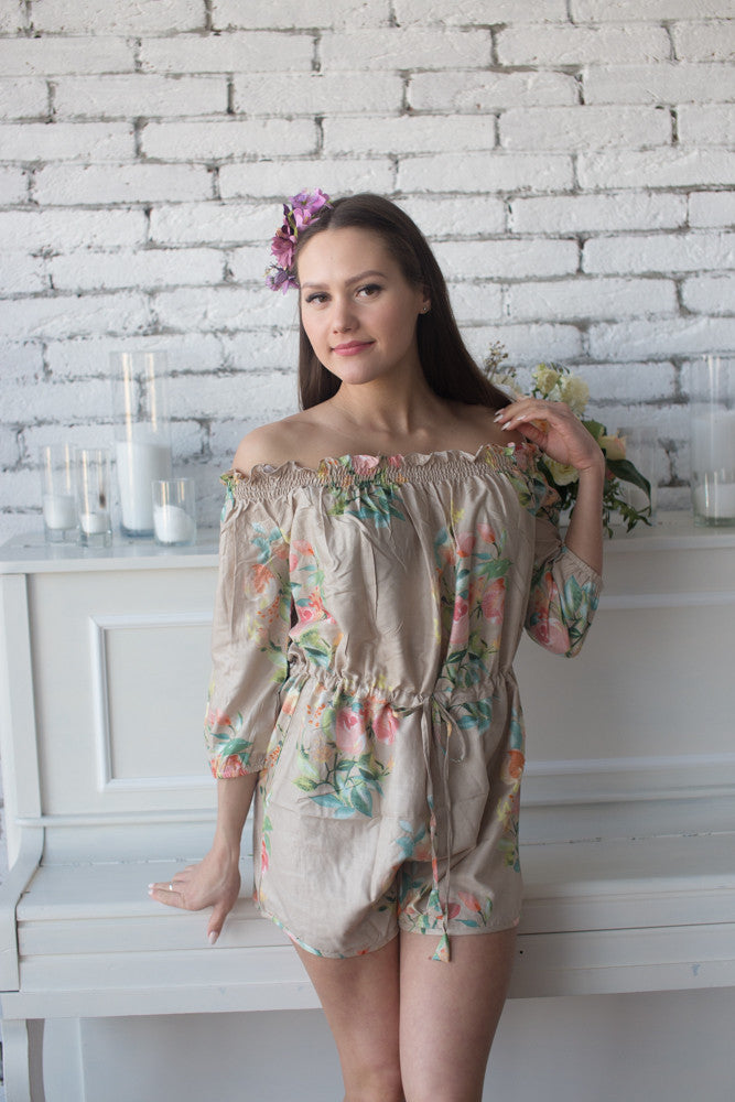 Dusty Tones Mismatched Bridesmaids Rompers in Dreamy Angel Song Pattern
