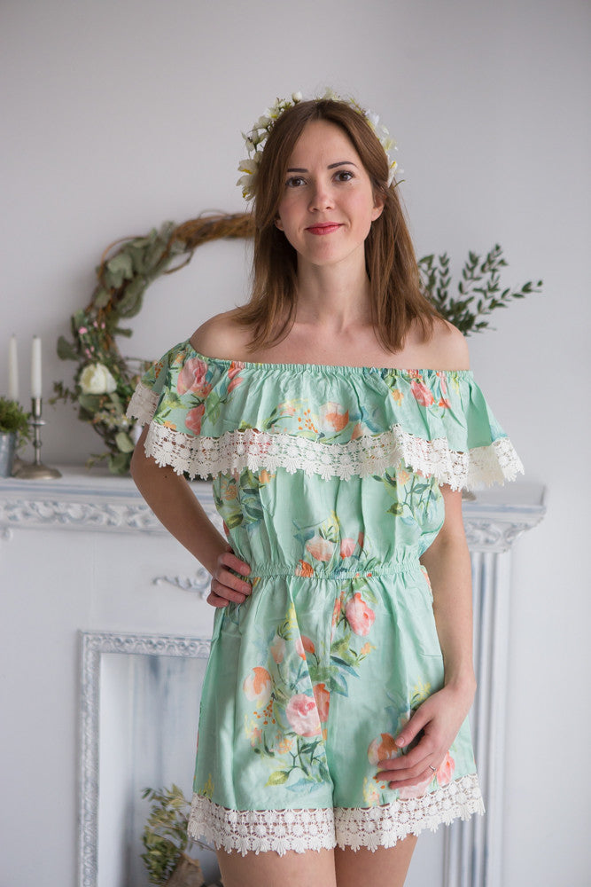 Off the Shoulder Lace Trimmed Mismatched Bridesmaids Rompers in Dreamy Angel Song Pattern