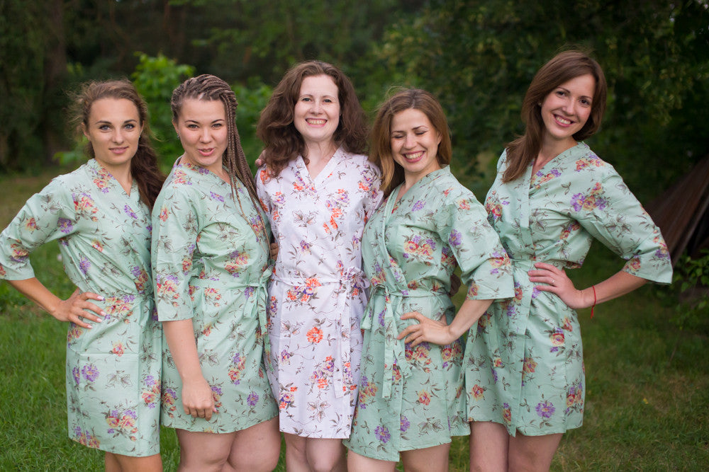 Grayed Jade Romantic Floral pattered Robes for bridesmaids | Getting Ready Bridal Robes