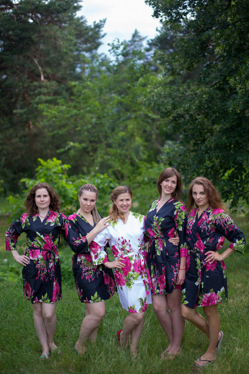 Black Large Fuchsia Floral Blossoms Robes for bridesmaids | Getting Ready Bridal Robes