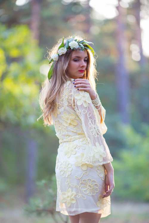 Oh Kim Light Yellow Floral Lace Bridal Robe