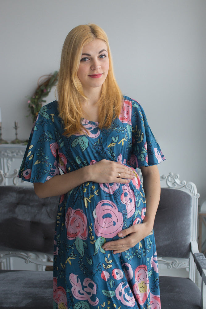 Mommies in Dusty Blue Maternity Caftans 