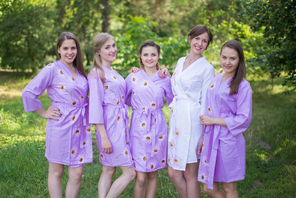 Lilac Falling Daisies pattered Robes for bridesmaids | Getting Ready Bridal Robes