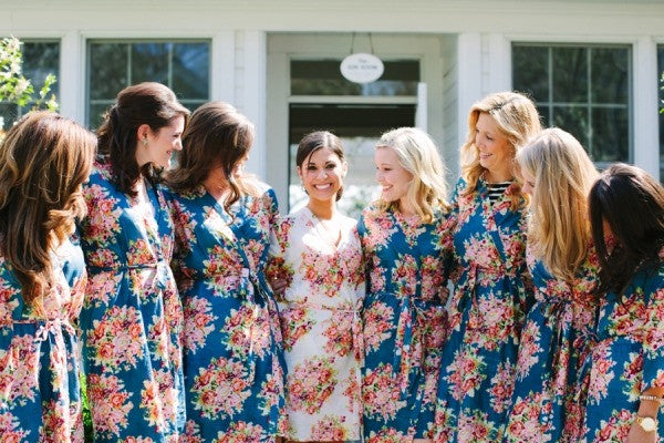 Dark Blue Floral Posy Wedding Robes for bridesmaids | Getting Ready Bridal Robes