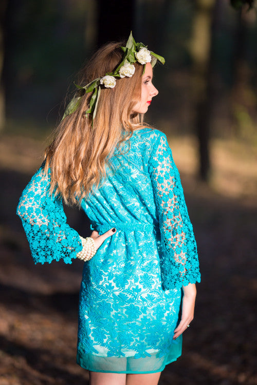 Oh Dale Teal Floral Lace Bridal Robe
