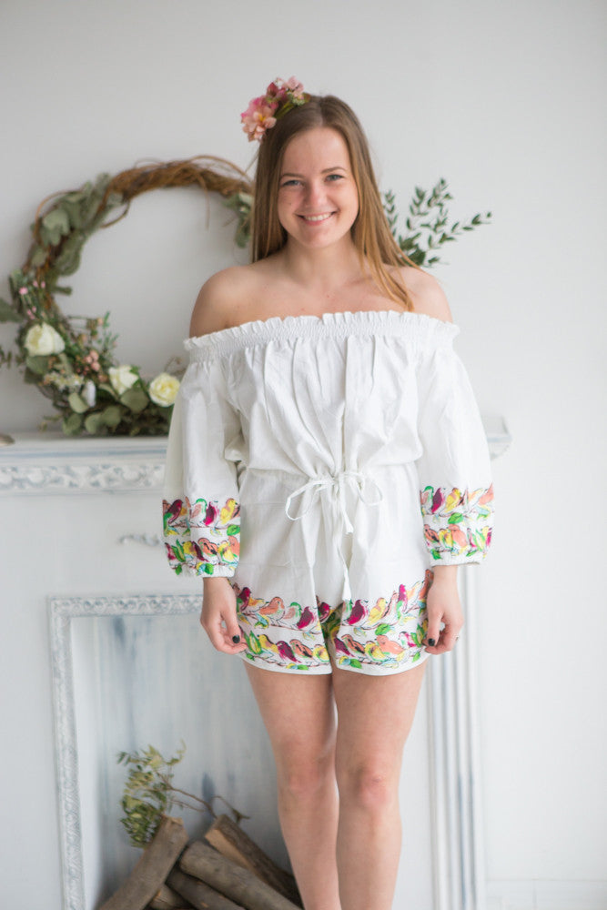 Mismatched Bridesmaids Rompers in Little Chirpies Pattern