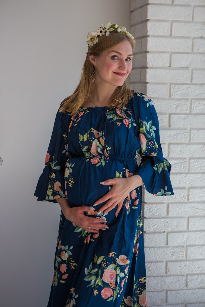 Mommies in Navy Blue Floral Maxi Dresses
