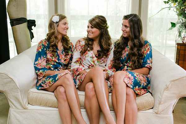 Dark Blue Floral Posy Robes for bridesmaids | Getting Ready Bridal Robes