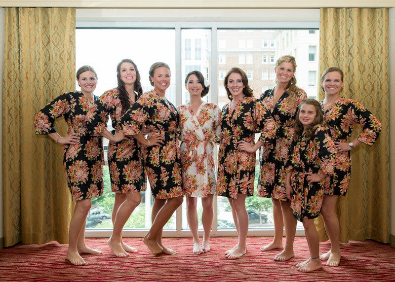 Black Floral Posy Robes for bridesmaids | Getting Ready Bridal Robes