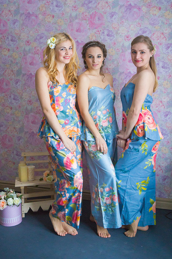 Dusty Blue and Powder Blue Wedding Color Long Pj Sets in Strapless Style