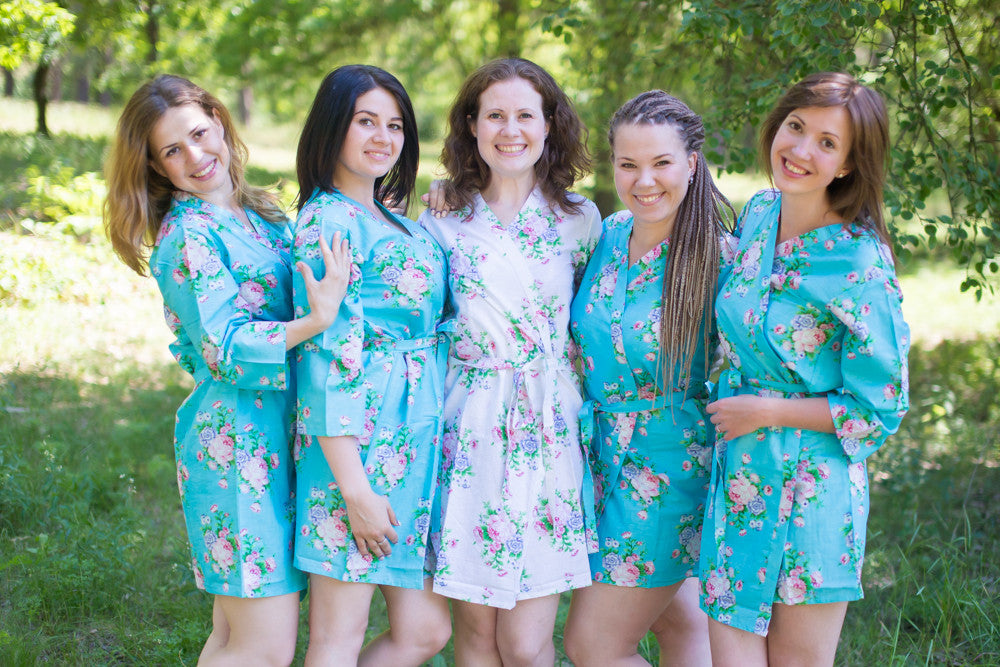 Blue Pink Peonies Robes for bridesmaids