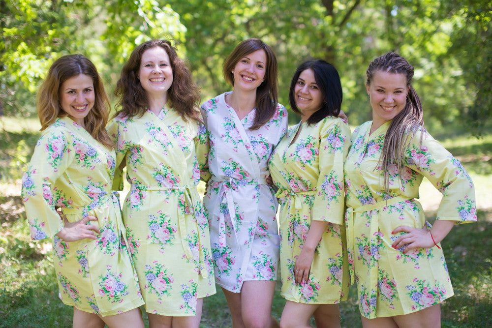 Light Yellow Pink Peonies Robes for bridesmaids
