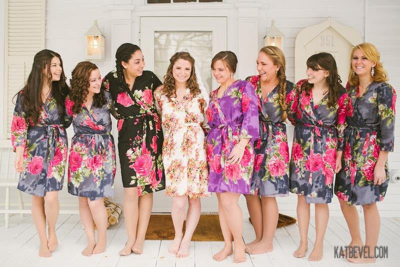 Black Large Fuchsia Floral Blossoms Robes for bridesmaids | Getting Ready Bridal Robes