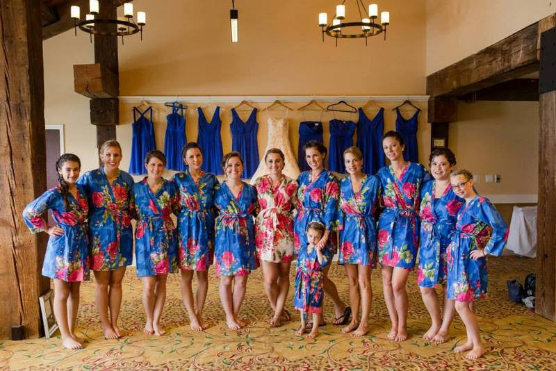 Cobalt Blue Large Fuchsia Floral Blossoms Robes for bridesmaids | Getting Ready Bridal Robes 