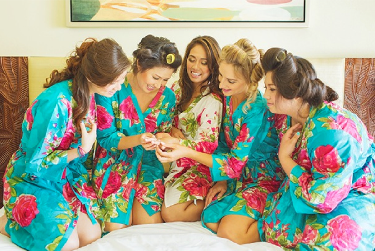 Teal Large Fuchsia Floral Blossoms Robes for bridesmaids | Getting Ready Bridal Robes