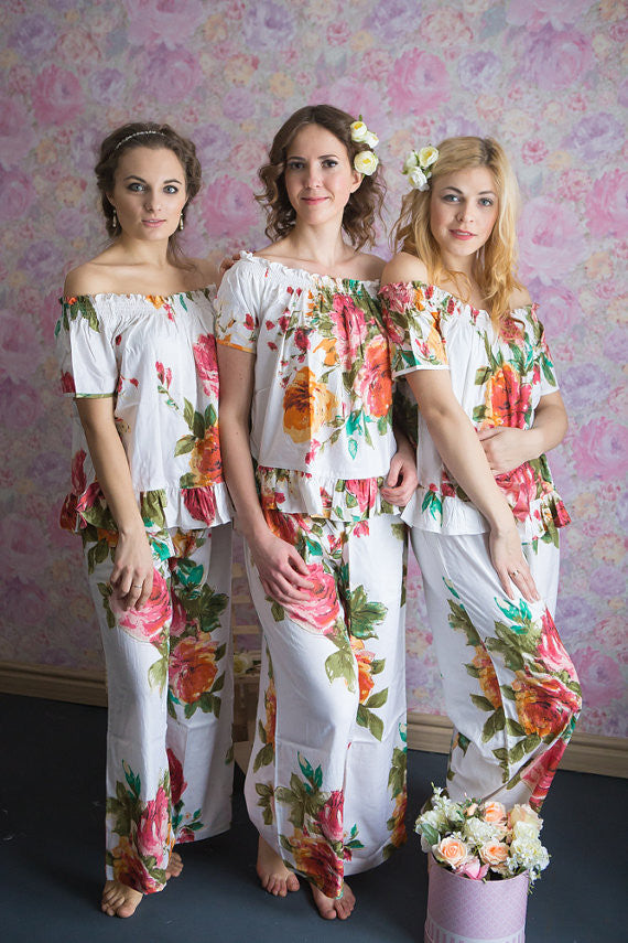 Off-Shoulder Style full length PJs in Large Floral Blossom Pattern