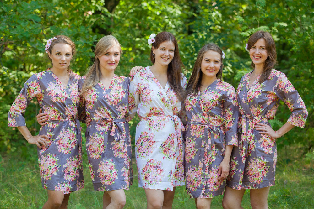 Charcoal Gray Floral Posy Robes for bridesmaids | Getting Ready Bridal Robes