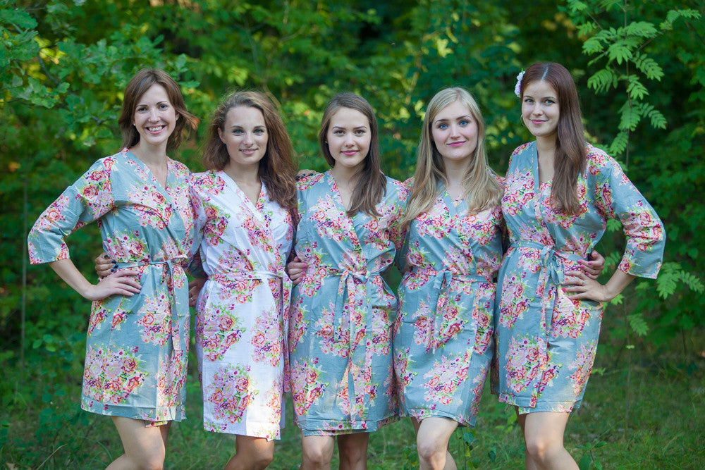 Pewter Green Floral Posy Robes for bridesmaids | Getting Ready Bridal Robes