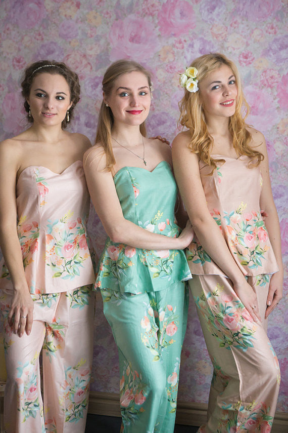 Sage, Blush and Dusty Rose Wedding Color long PJs in Strapless Style