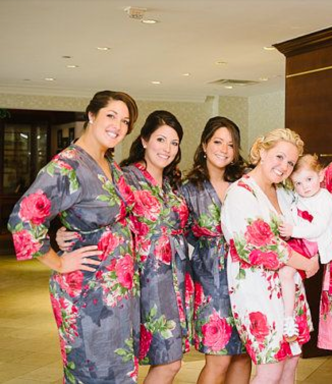 Gray Large Fuchsia Floral Blossoms Robes for bridesmaids | Getting Ready Bridal Robes