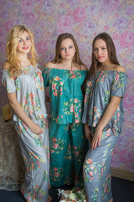 Silver, Gray and Teal Wedding Color Long PJs in Off-Shoulder Style in Smiling Blooms Pattern