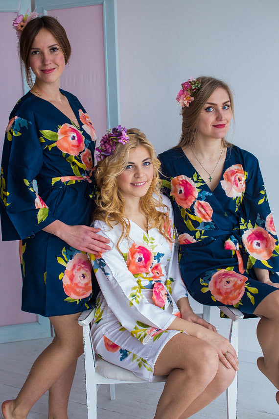 Smiling Blooms Pattern- Premium Navy Blue Bridesmaids Robes