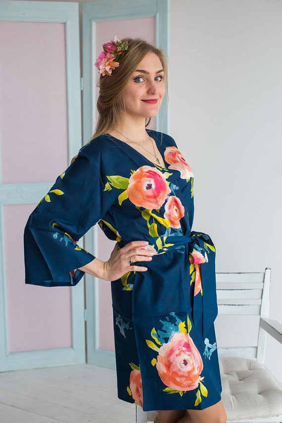 Smiling Blooms Pattern- Premium Navy Blue Bridesmaids Robes