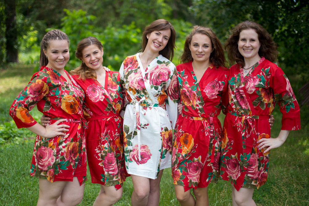 Red Large Floral Blossom Robes for bridesmaids | Getting Ready Bridal Robes