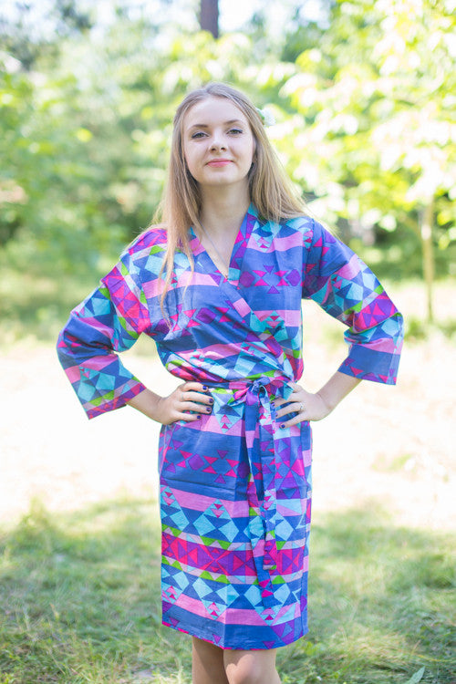 Dark Blue Pink Diamond Aztec Robes for bridesmaids | Getting Ready Bridal Robes
